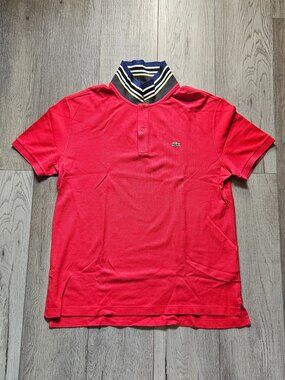 Lacoste Slim Fit Striped Collar Polo Shirt Mens XL FR 6 Red Pique Cotton Tee